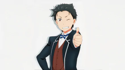 A vibrant HD desktop wallpaper featuring Subaru Natsuki from the anime Re:Zero - Starting Life in Another World, giving a thumbs-up with a cheerful expression.