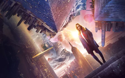 A stunning HD wallpaper featuring Rachel McAdams as Christine Palmer from the movie Doctor Strange, set against a surreal cityscape with dramatic perspectives.