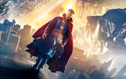 HD desktop wallpaper featuring Benedict Cumberbatch as Doctor Strange from the movie Doctor Strange, with a dynamic cityscape background and mystical elements.