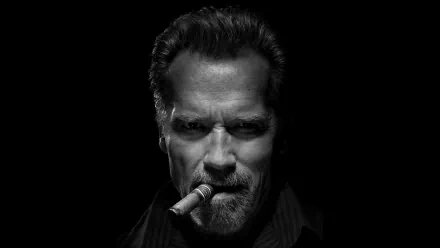 Black and white HD desktop wallpaper featuring American actor Arnold Schwarzenegger with a cigar in his mouth, set against a dark background.