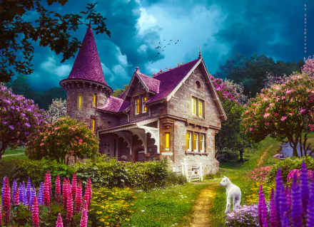 Artistic HD PC desktop wallpaper: fantasy scene of a purple-roofed stone house among flowering trees, a winding path through lupines and blossoms, and a white goat in the garden.