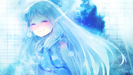 A serene character from Anohana, depicted with long, flowing hair and a gentle smile, surrounded by dreamy blue hues, serves as an enchanting HD desktop wallpaper and background.