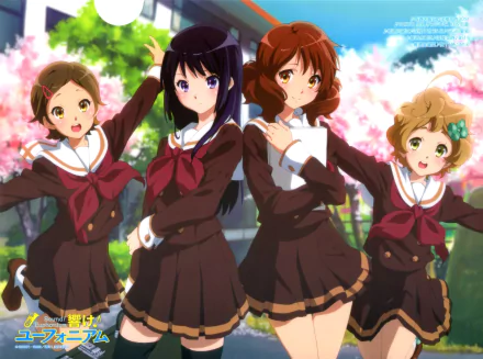 4K Ultra HD PC desktop wallpaper featuring four female characters from the anime Sound! Euphonium in school uniforms, standing against a vibrant cherry blossom background.