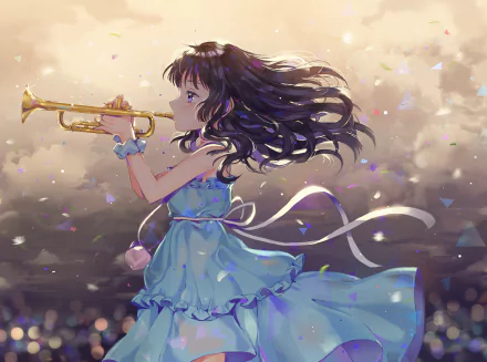 Anime-style HD desktop wallpaper from Sound! Euphonium featuring a girl in a flowing blue dress playing a trumpet amid floating petals and a glowing background.
