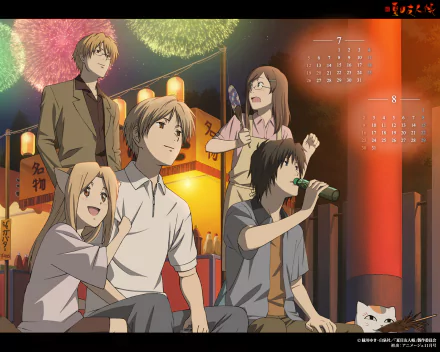 HD PC desktop wallpaper from the anime Natsume Yuujinchou (Natsume's Book of Friends) featuring characters enjoying a festive night scene with lanterns and fireworks.
