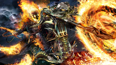 A striking HD desktop wallpaper featuring Ghost Rider, depicted in a dynamic pose surrounded by flames and lightning, showcasing the character's fierce and powerful aura.
