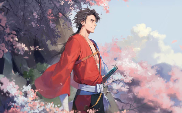 Anime-style HD PC desktop wallpaper featuring a Touken Ranbu character in traditional attire amidst blooming cherry blossoms under a clear sky.