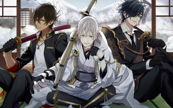 Three characters from Touken Ranbu sit together, each with unique outfits and swords, set against a serene snowy landscape. This high-definition wallpaper captures their distinct personalities.