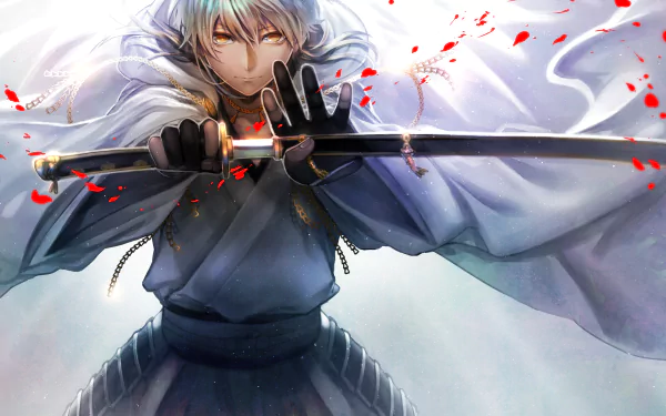 An HD desktop wallpaper featuring a character from the anime Touken Ranbu, wielding a sword amidst falling red petals and a dramatic, ethereal backdrop.