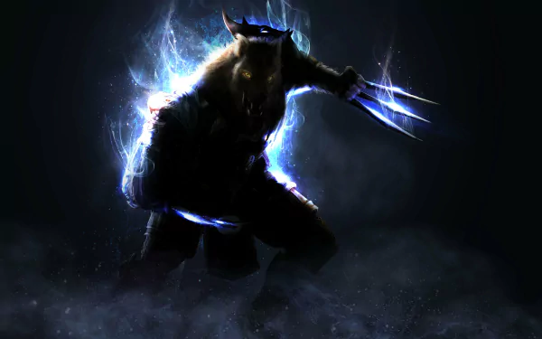 HD PC wallpaper featuring a fierce werewolf warrior from the video game Metin2, surrounded by glowing blue energy and claws ready for battle.