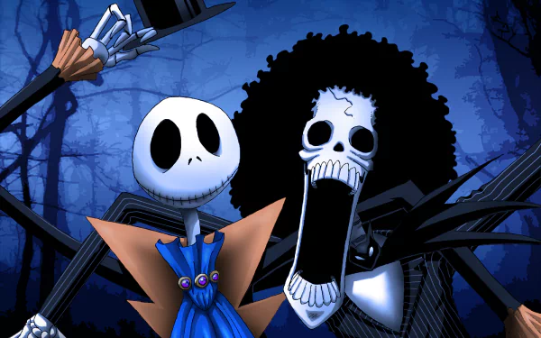 A vibrant crossover wallpaper featuring Brook from One Piece and Jack Skellington from The Nightmare Before Christmas, set against a spooky backdrop.