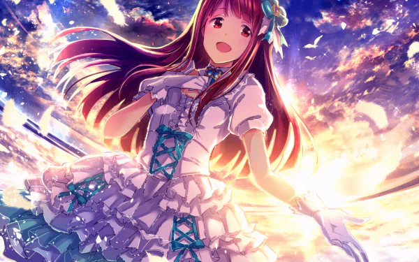 HD PC desktop wallpaper of Kotoha Tanaka from THE iDOLM@STER: Million Live! — smiling in a frilly white stage dress, arms outstretched against a glowing sunset sky.