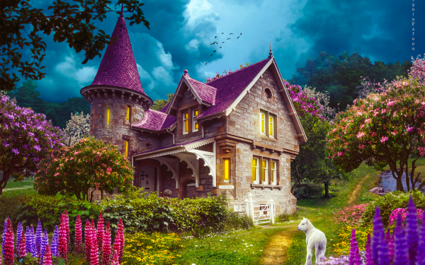 Artistic House Flower Goat Path Fantasy Purple Tree HD Wallpaper | Background Image