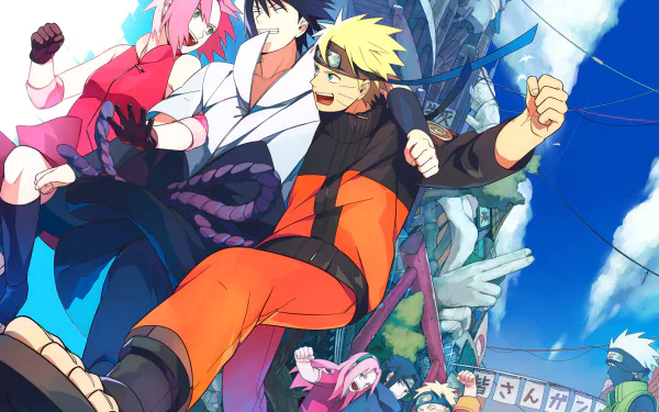 HD desktop wallpaper featuring Naruto Uzumaki, Sasuke Uchiha, Sakura Haruno, and Kakashi Hatake from the anime Naruto, celebrating their friendship in a vibrant scene.