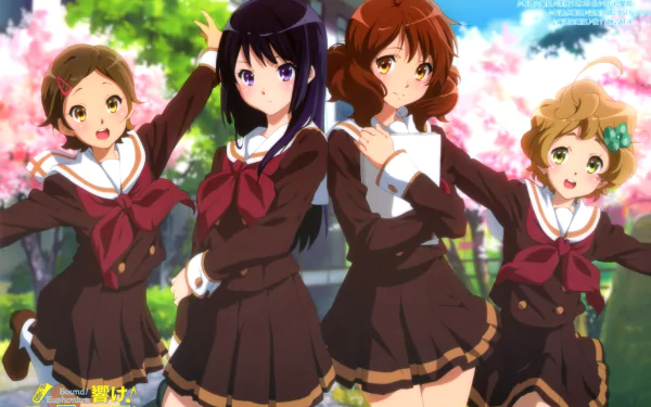 4K Ultra HD PC desktop wallpaper featuring four female characters from the anime Sound! Euphonium in school uniforms, standing against a vibrant cherry blossom background.
