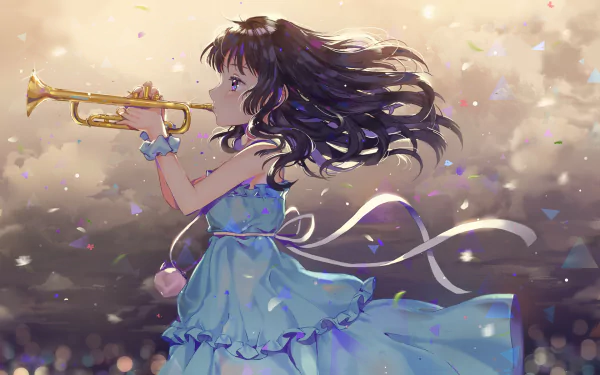 Anime-style HD desktop wallpaper from Sound! Euphonium featuring a girl in a flowing blue dress playing a trumpet amid floating petals and a glowing background.