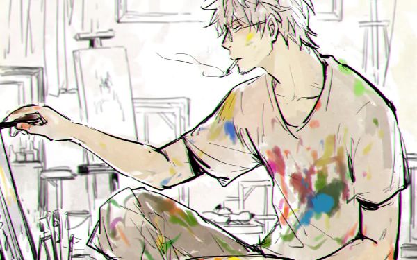 A young artist with messy, paint-splattered clothes focuses intently on his canvas, surrounded by an artistic studio. Gintama-inspired HD anime desktop wallpaper.