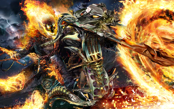 A striking HD desktop wallpaper featuring Ghost Rider, depicted in a dynamic pose surrounded by flames and lightning, showcasing the character's fierce and powerful aura.
