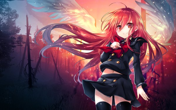 Anime Shakugan No Shana Skirt Thigh Highs Necklace Long Hair Red Hair bow Wings Shana HD Wallpaper | Background Image