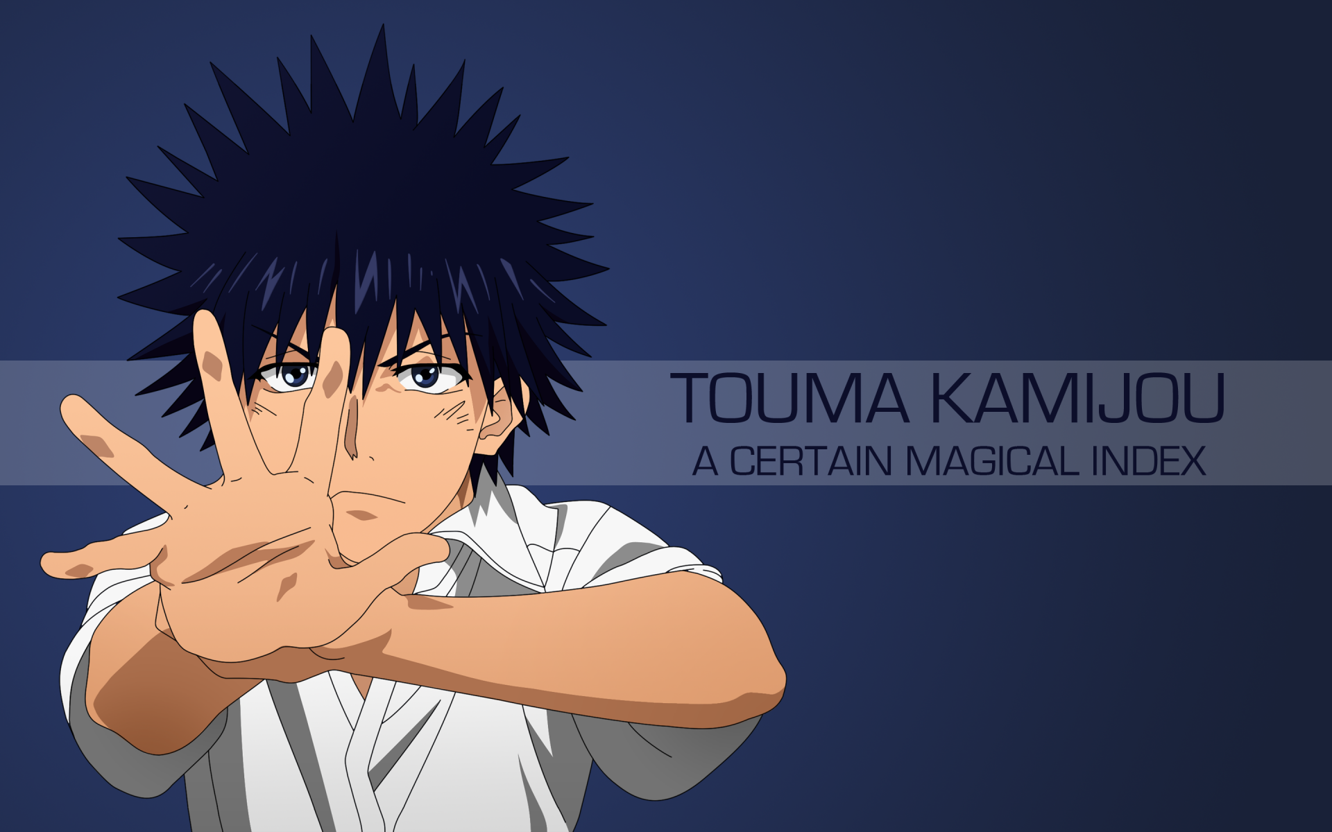 HD anime desktop wallpaper featuring Touma Kamijou from A Certain Magical Index with a dark blue background and bold character pose.