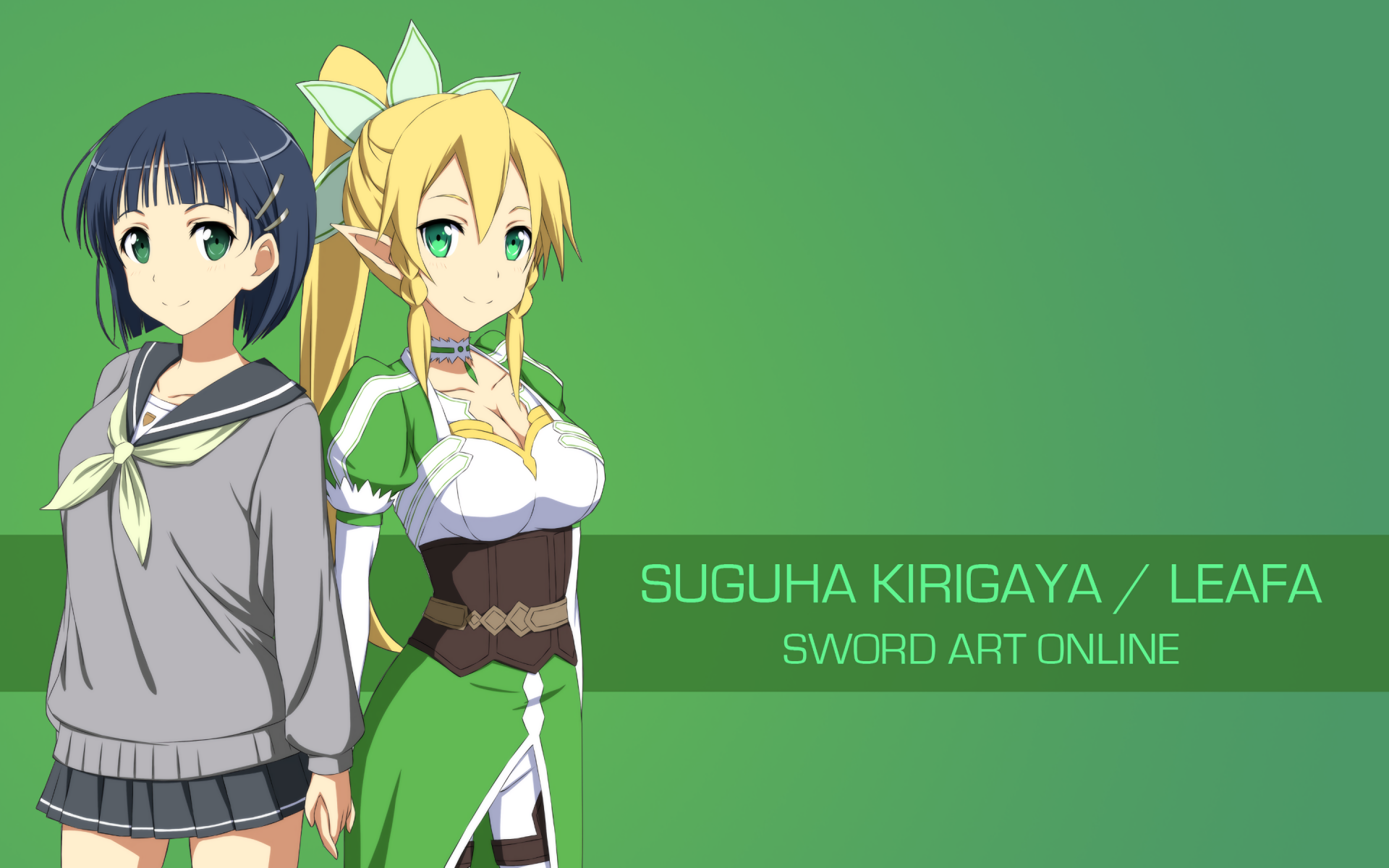 HD PC wallpaper featuring Suguha Kirigaya as Leafa from Sword Art Online in anime style against a green background.