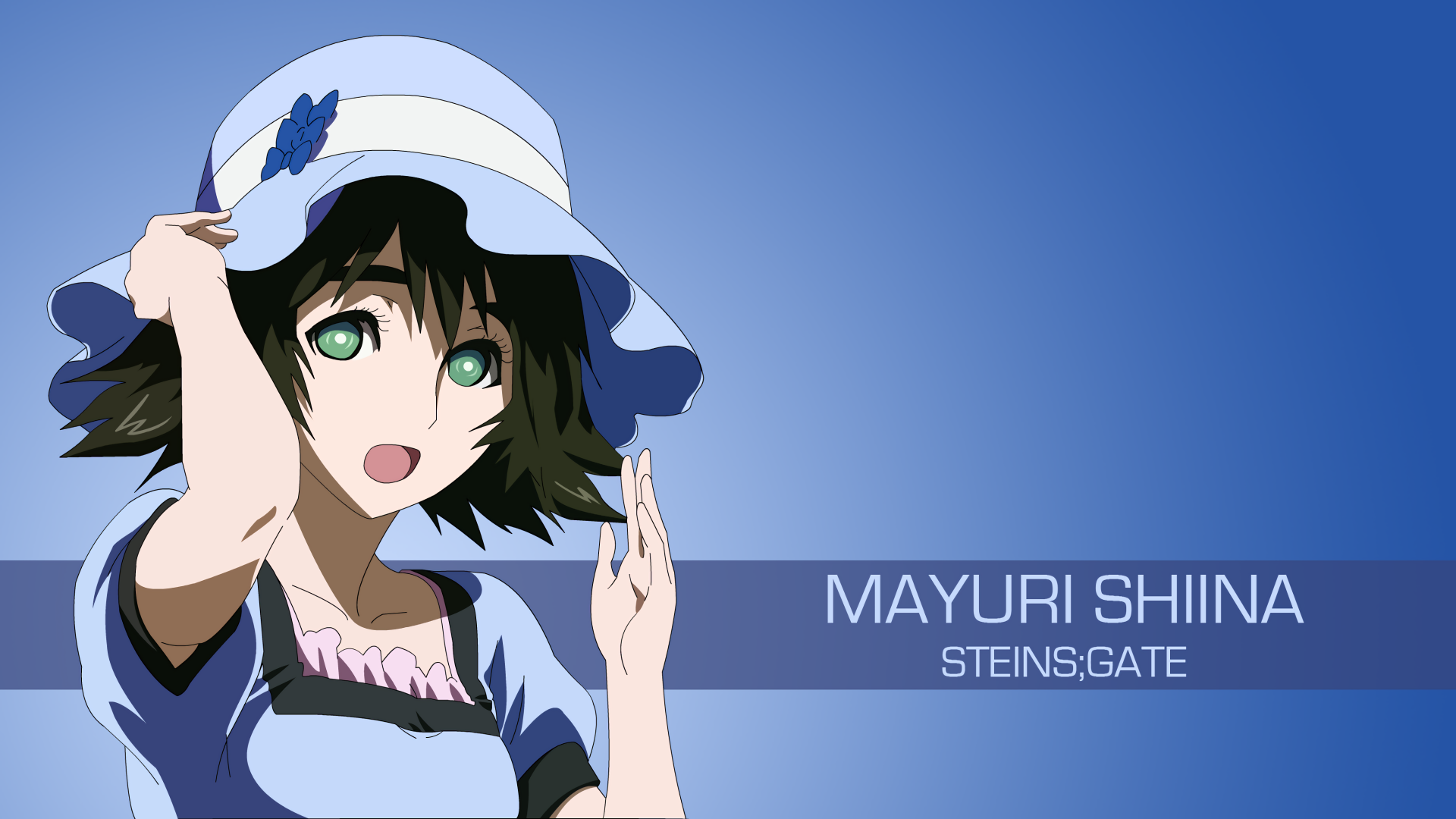 A vibrant 4K Ultra HD wallpaper featuring Mayuri Shiina from Steins;Gate, showcasing her cheerful expression and distinctive blue hat against a smooth background.