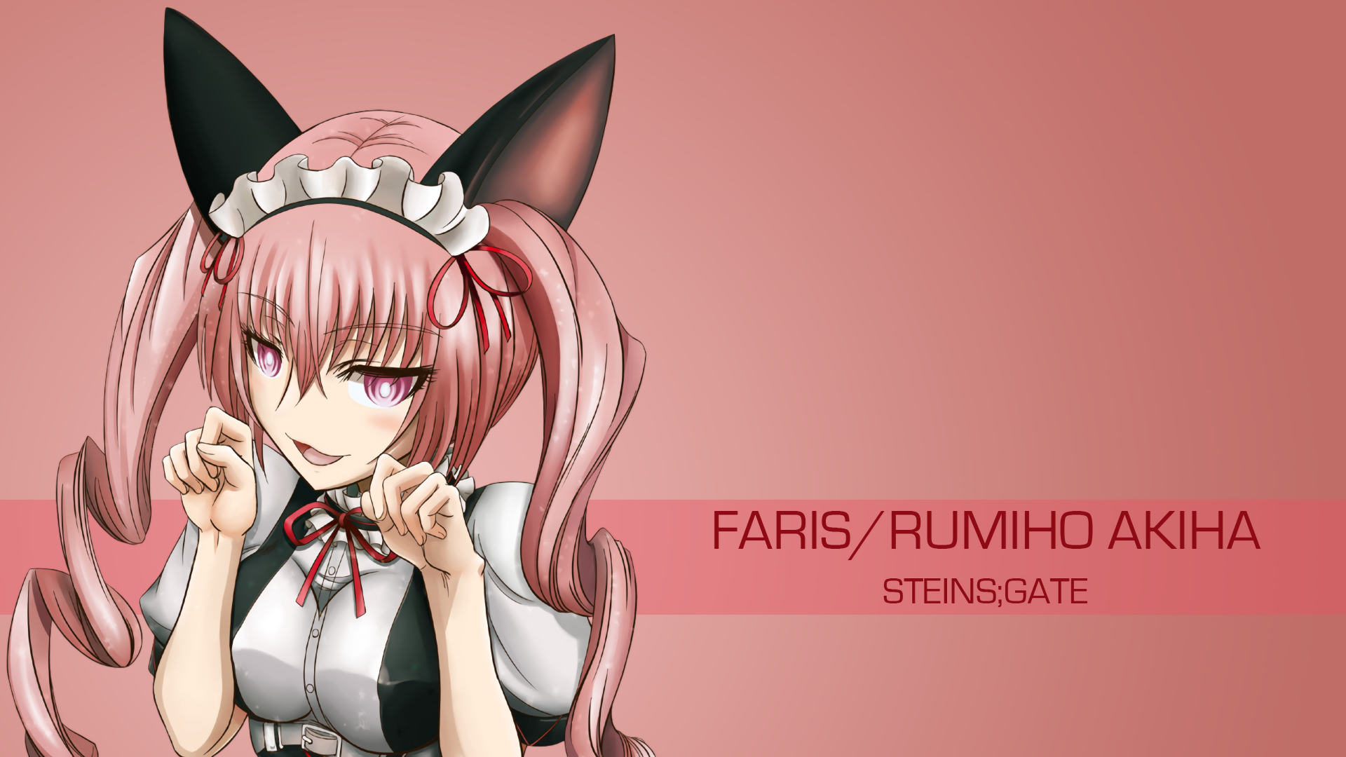 Anime-style 4K Ultra HD desktop wallpaper featuring Faris/Rumiho Akiha from Steins;Gate with pink hair, cat ears, and a maid outfit on a muted pink background.