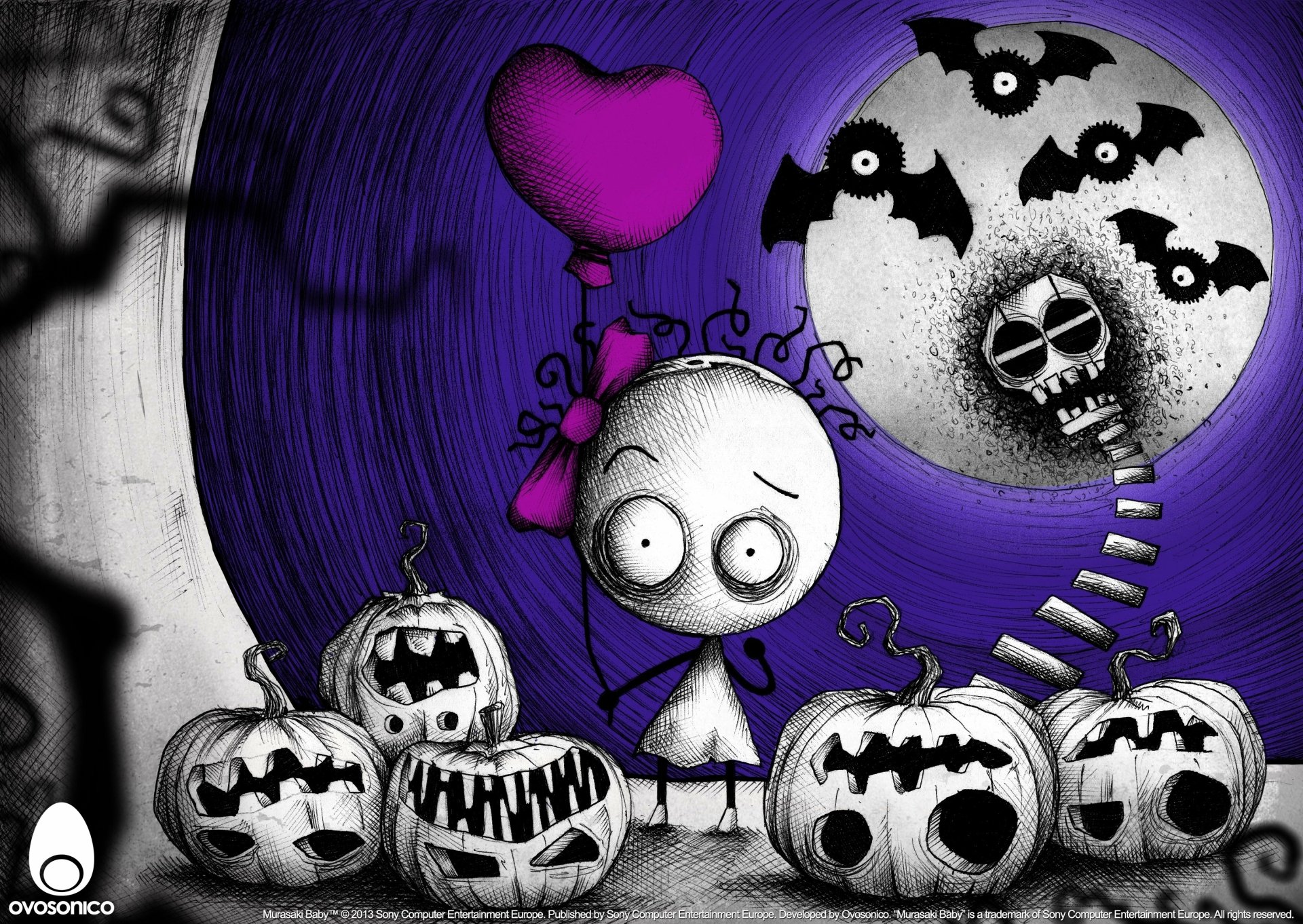 HD PC desktop wallpaper featuring a cartoon Murasaki baby holding a heart balloon surrounded by Halloween pumpkins and bats against a spooky purple night sky.