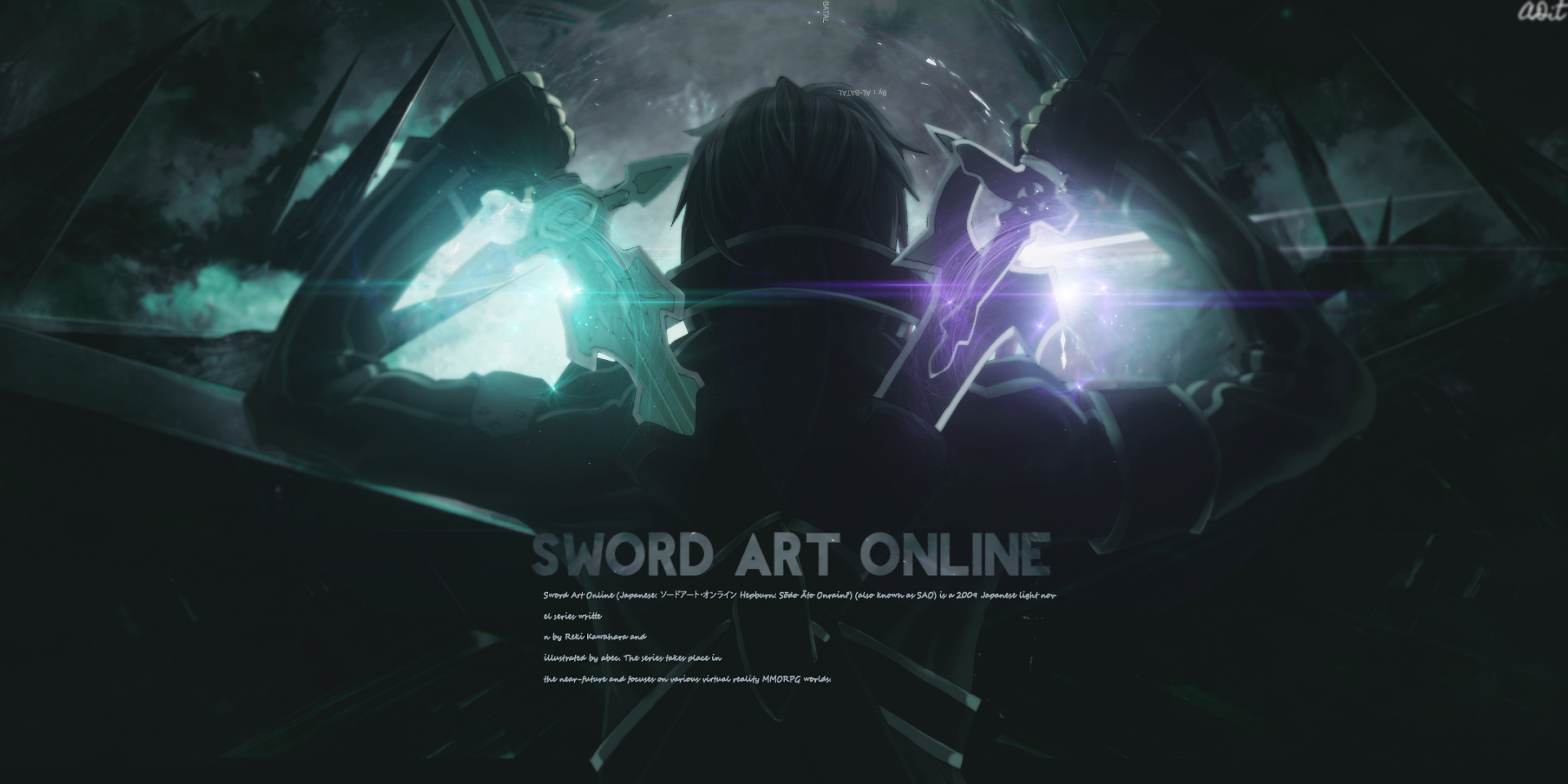 Kazuto Kirigaya, known as Kirito from Sword Art Online, stands defiantly, wielding swords against a striking, dark background, capturing the essence of the iconic anime.