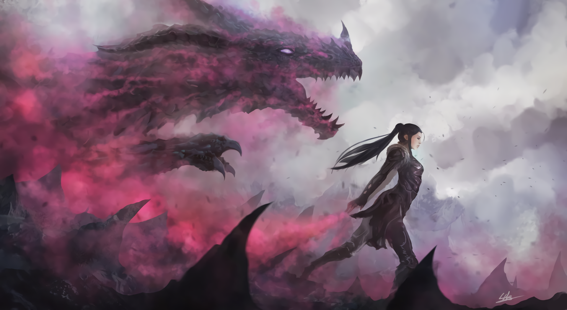 A fantasy scene featuring a figure with a ponytail, surrounded by magical smoke and looming dragon silhouettes. The vibrant colors create a mystical atmosphere in this HD wallpaper.