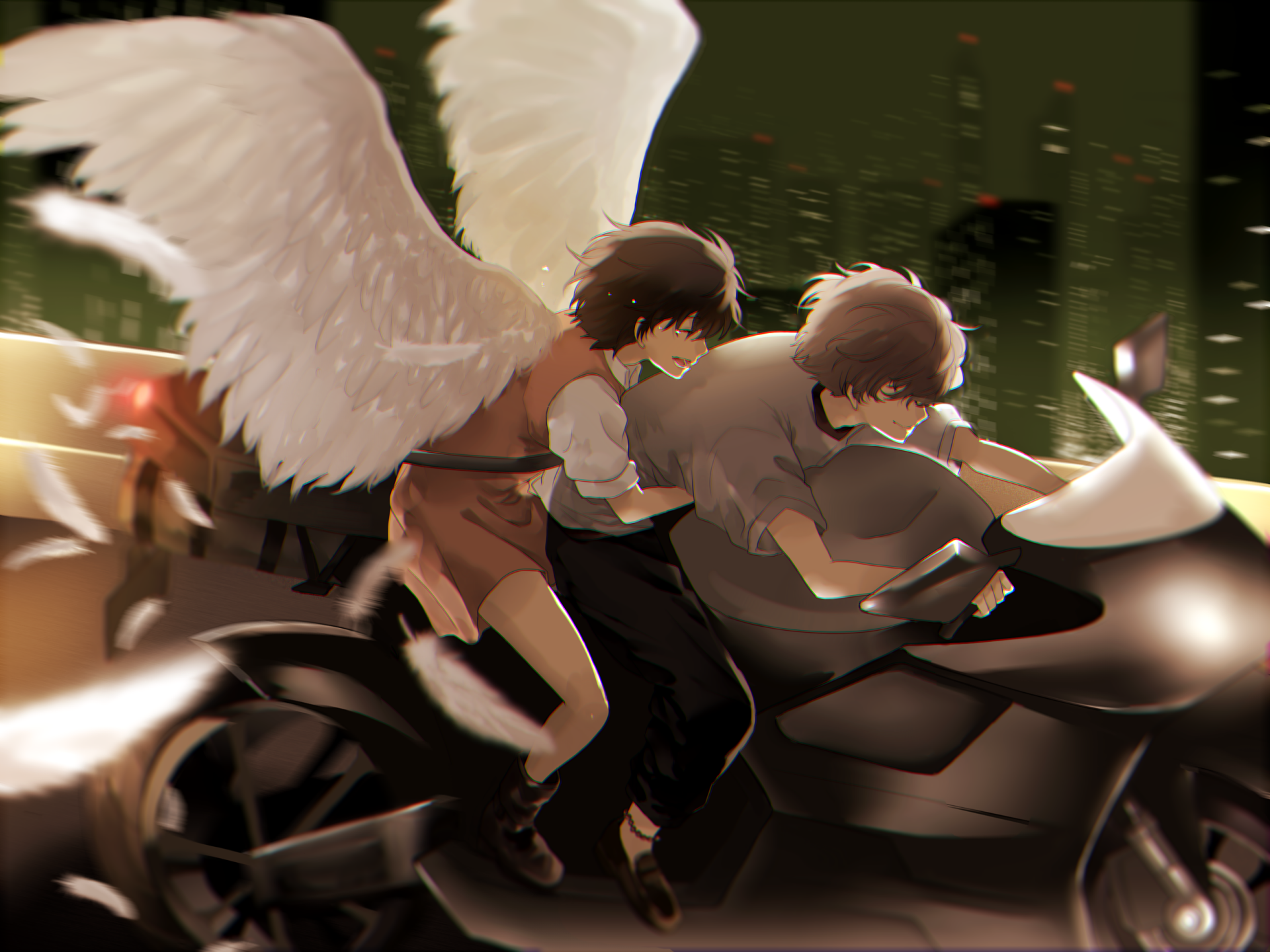 Anime-inspired HD wallpaper featuring characters from Zankyou No Terror, showcasing a dynamic scene with angelic wings and high-speed action on a motorcycle.