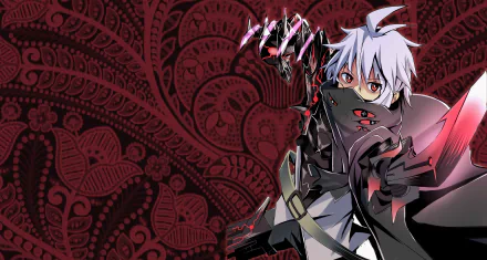 HD dark anime wallpaper featuring an original character with white hair and red eyes, set against a detailed dark red patterned background.