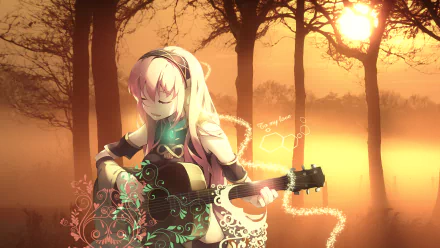 Anime-style Luka Megurine playing guitar at sunset in a serene forest setting, rendered as an HD PC desktop wallpaper with vibrant warm tones.