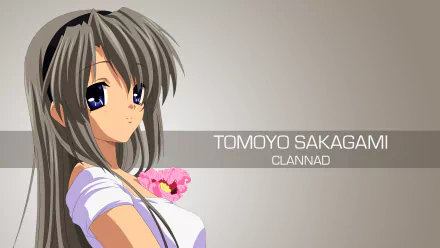 Anime-style 4K Ultra HD wallpaper featuring Tomoyo Sakagami from Clannad with detailed shading and soft background.