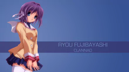 4K Ultra HD anime wallpaper featuring Ryou Fujibayashi from Clannad, set against a clean blue gradient background with her name and the series title.