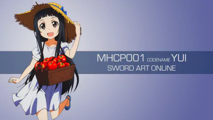 A vibrant 4K Ultra HD wallpaper featuring Yui from Sword Art Online, joyfully holding a basket of apples while wearing a straw hat and a white dress against a soft background.
