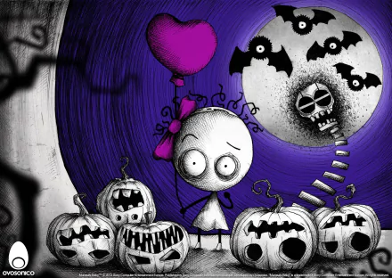 HD PC desktop wallpaper featuring a cartoon Murasaki baby holding a heart balloon surrounded by Halloween pumpkins and bats against a spooky purple night sky.