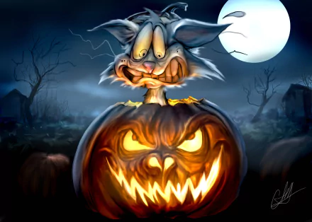HD desktop wallpaper featuring a terrified rabbit peeking out of a menacing jack-o'-lantern, set in a spooky Halloween night scene with a glowing full moon and eerie trees in the background.