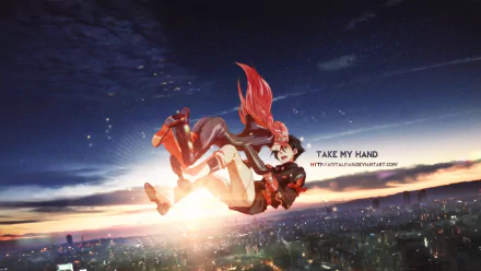 HD anime desktop wallpaper featuring a dynamic scene from Eureka Seven with a character reaching out against a vibrant cityscape at sunset.