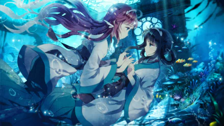 A vibrant HD wallpaper featuring Manaka Mukaido and Miuna Shiodome from the anime Nagi no Asukara, immersed in an enchanting underwater scene filled with bubbles and marine life.