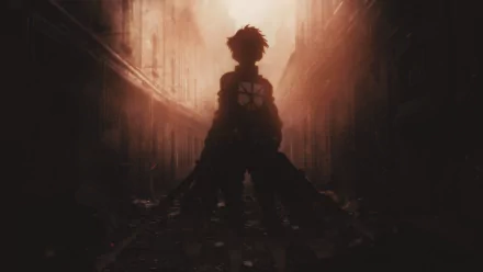 HD desktop wallpaper featuring Eren Yeager from the anime Attack on Titan, showing him silhouetted in a dramatic, backlit street scene.