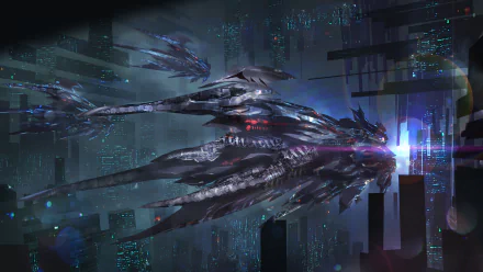 Futuristic sci-fi cityscape featuring sleek spaceships soaring through a neon-lit metropolis, captured in HD for a striking PC desktop wallpaper.