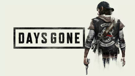 HD desktop wallpaper featuring Deacon St. John from the video game Days Gone, standing with his back turned, showcasing his biker vest, with the game's title prominently displayed on the left.