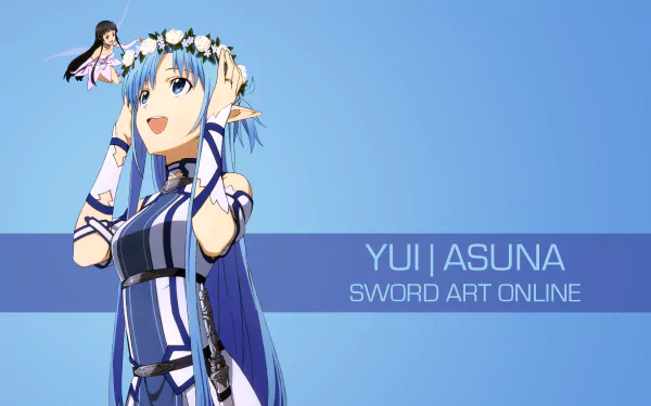 4K Ultra HD wallpaper featuring Yui and Asuna Yuuki from Sword Art Online II, set against a clean blue background with elegant typography.