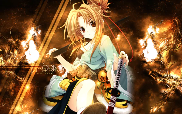 HD PC desktop wallpaper featuring an anime character from Oda Nobuna No Yabou, showcasing a detailed, fiery background with a sword and dynamic pose.