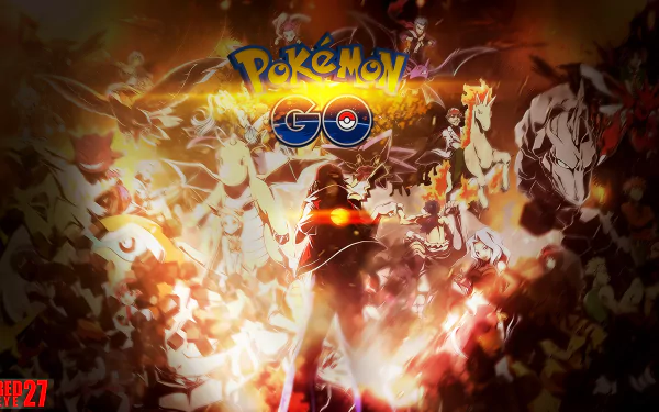 A vibrant HD wallpaper featuring characters and elements from Pokémon Go, with dynamic colors and a central logo that captures the essence of the popular mobile game.