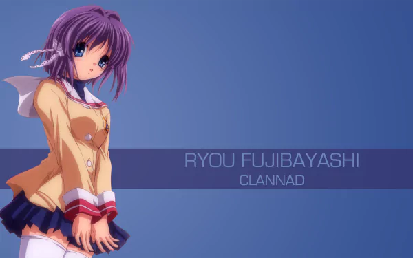 4K Ultra HD anime wallpaper featuring Ryou Fujibayashi from Clannad, set against a clean blue gradient background with her name and the series title.