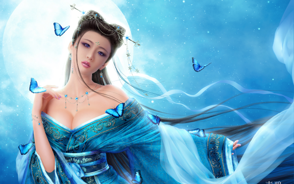 Fantasy Women Butterfly Blue Purple Eyes Moon HD Wallpaper | Background Image
