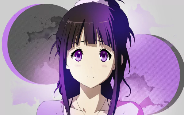 Eru Chitanda from the anime Hyouka, depicted in a vibrant HD desktop wallpaper, features her expressive eyes and soft expression against a purple backdrop.