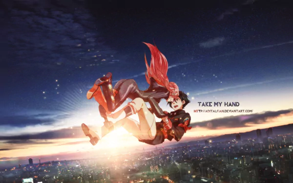 HD anime desktop wallpaper featuring a dynamic scene from Eureka Seven with a character reaching out against a vibrant cityscape at sunset.